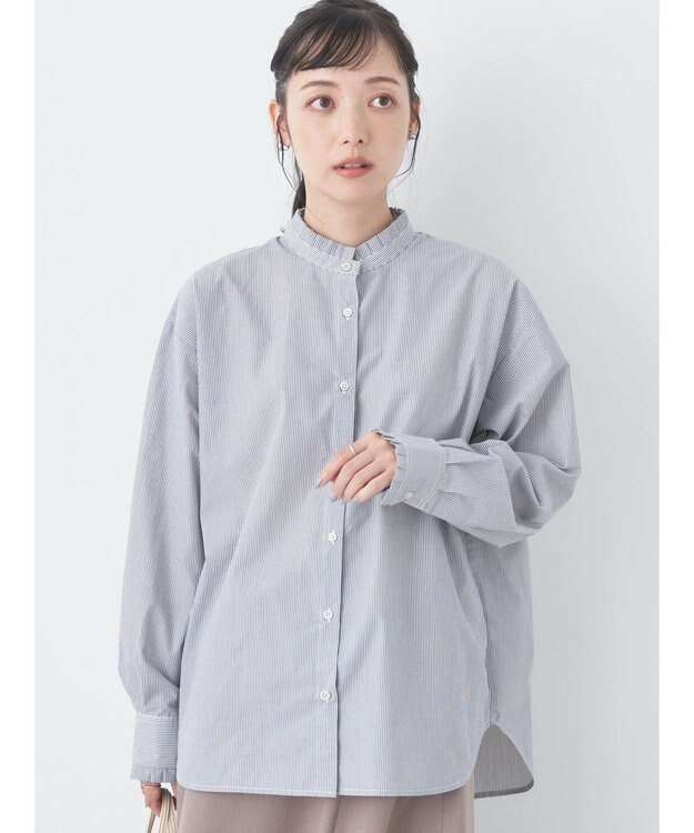 earth music&ecology スタンドフリルシャツ Stripe