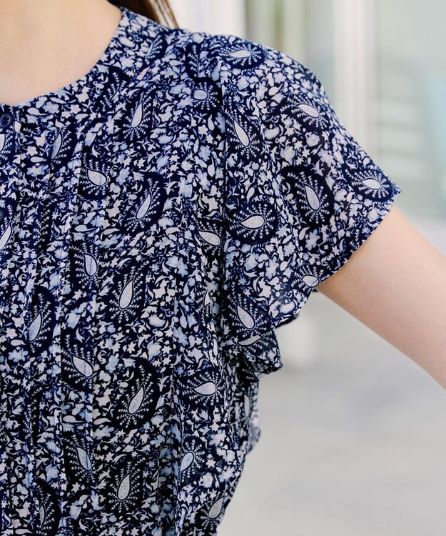 Tiaclasse L 【洗える】ペイズリー柄フレアスリーブワンピース ネイビー