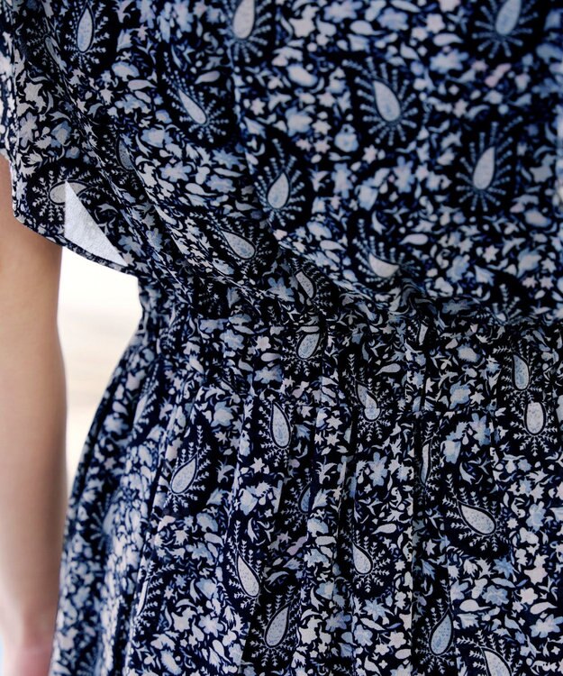 Tiaclasse L 【洗える】ペイズリー柄フレアスリーブワンピース ネイビー