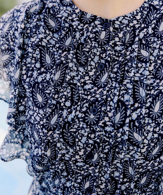 Tiaclasse L 【洗える】ペイズリー柄フレアスリーブワンピース ネイビー