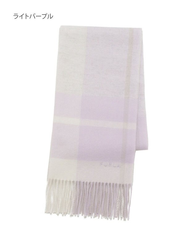 MOONBAT FURLA ウール混ラメ入りブロックチェックストールマフラー／幅50cm ライトパープル