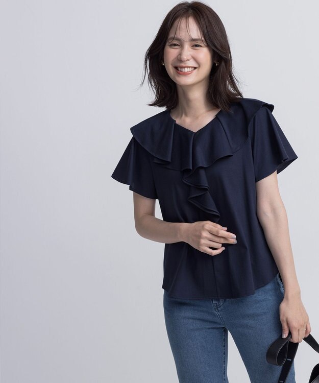 組曲 L ブラウスライクラッフル カットソー ネイビー系