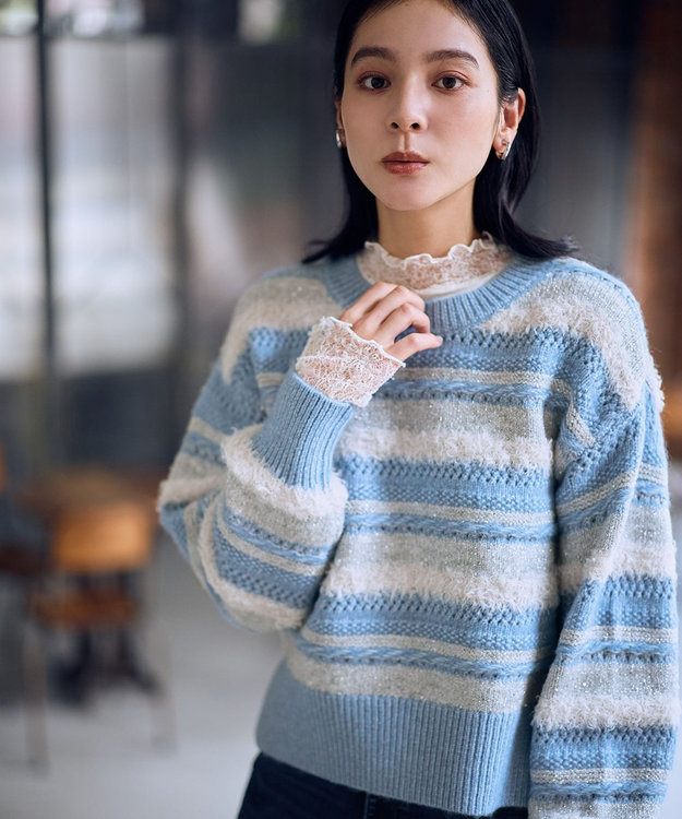 ANY パターンボーダーニット ライトブルー系