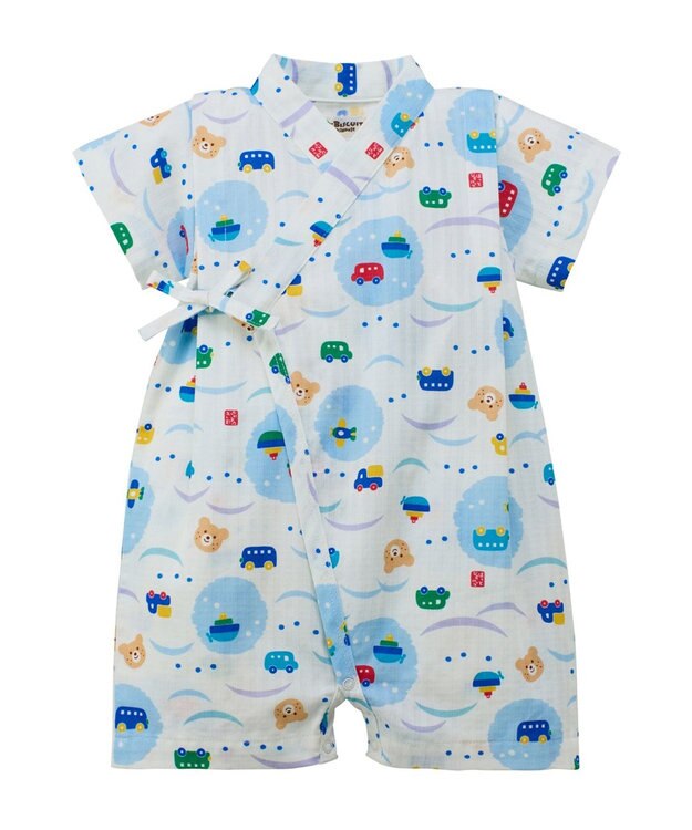 MIKI HOUSE HOT BISCUITS 【60-80cm】総柄 甚平オール ブルー