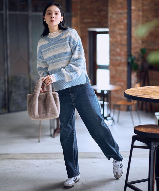 ANY パターンボーダーニット ライトブルー系