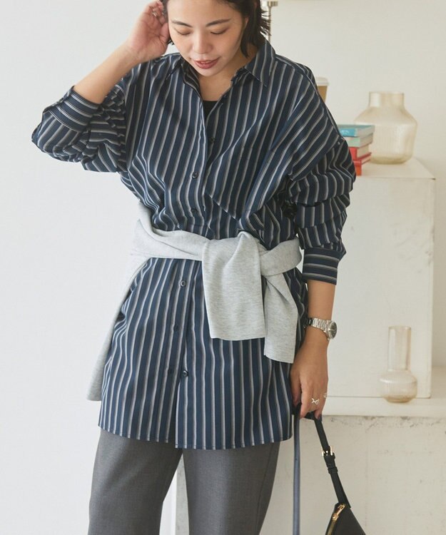 AMERICAN HOLIC イージーケアオーバーチュニックシャツ Stripe Navy