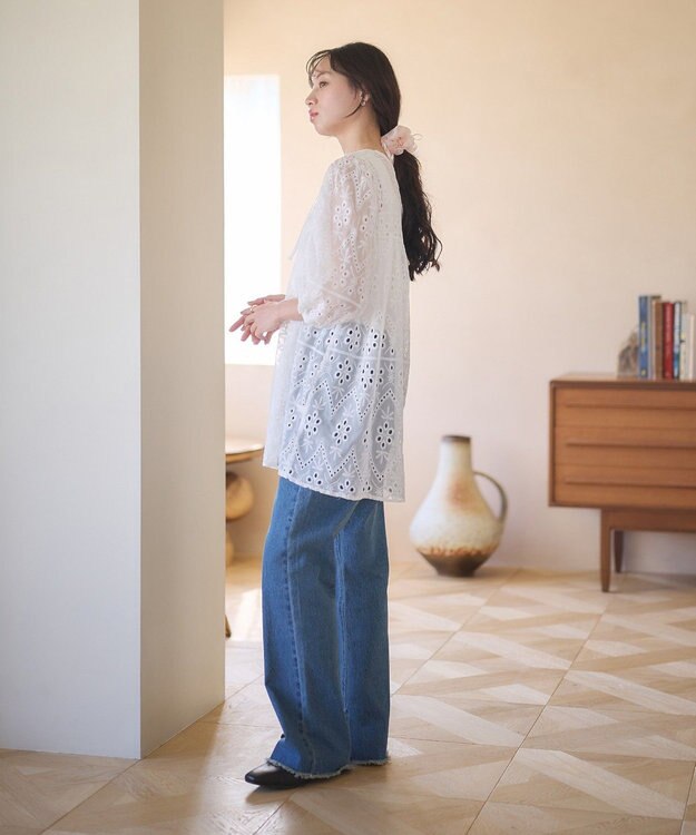 earth music&ecology パフスリーブ楊柳刺繍チュニック White