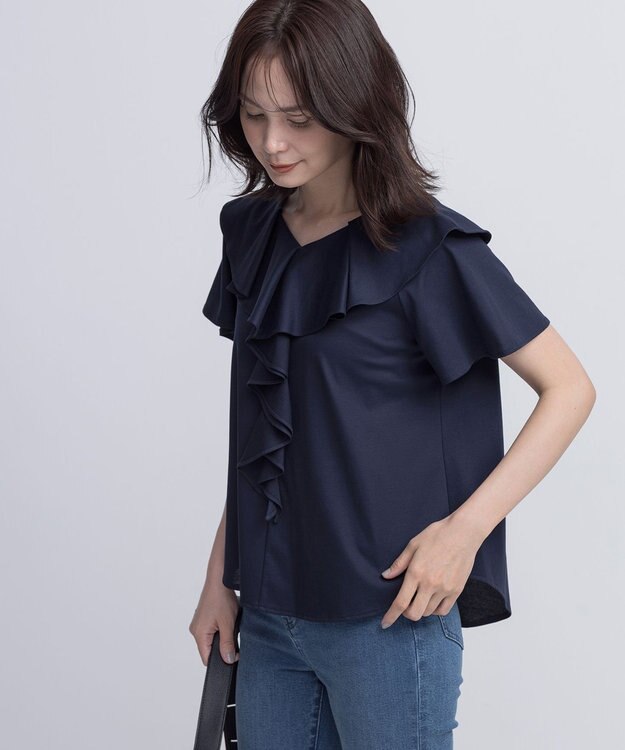 組曲 L ブラウスライクラッフル カットソー ネイビー系