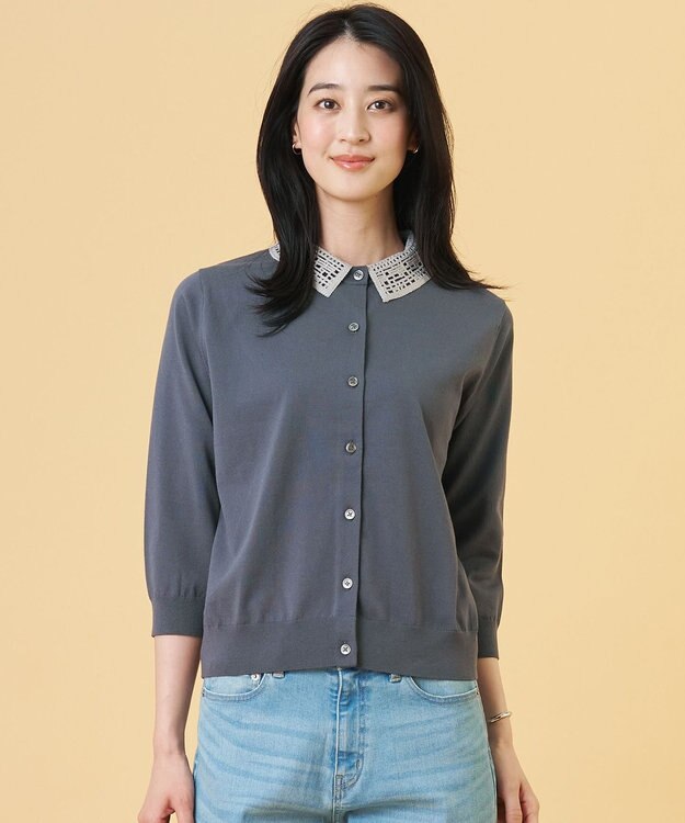 J.PRESS LADIES S 【2WAY】レースカラーコンビ カーディガン グレー×ライトグレー系