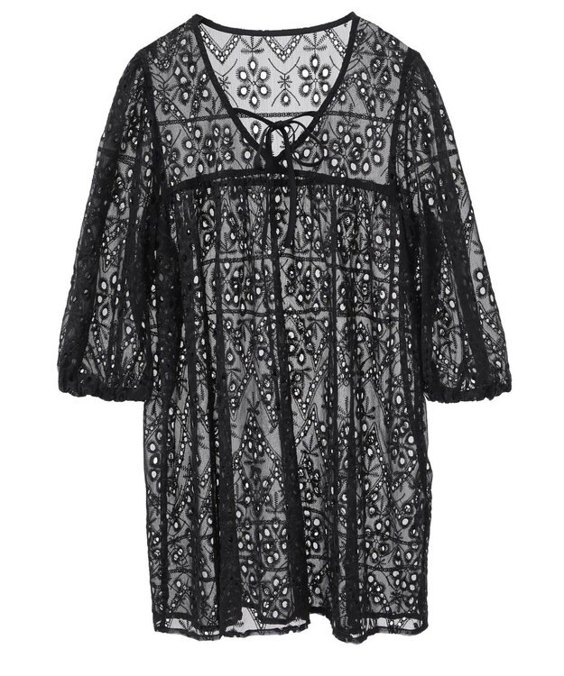 earth music&ecology パフスリーブ楊柳刺繍チュニック Black