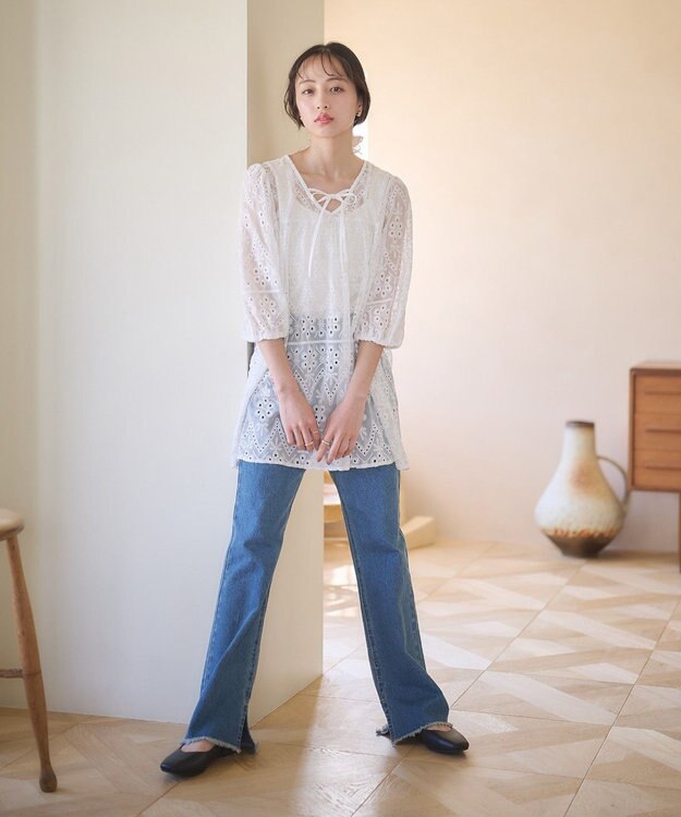 earth music&ecology パフスリーブ楊柳刺繍チュニック White