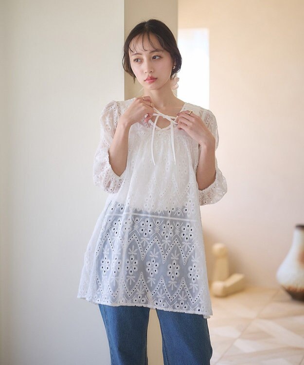 earth music&ecology パフスリーブ楊柳刺繍チュニック White