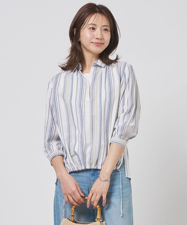 J.PRESS LADIES リネンMIX ストライプ スッキパー ブラウス ブルーマルチ系