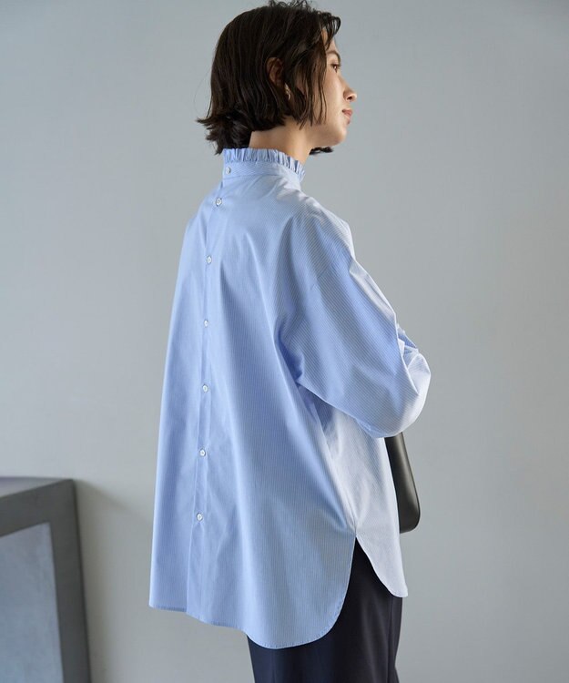 UNFILO フリルネックシャツ ブルーストライプ