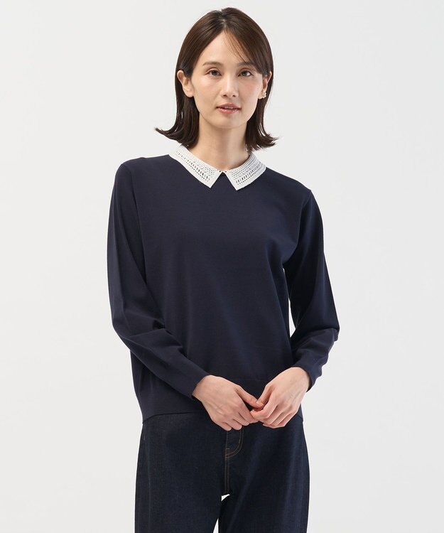 J.PRESS LADIES L レーヨンストレッチ 刺繡襟 ニット ネイビー×オフ系