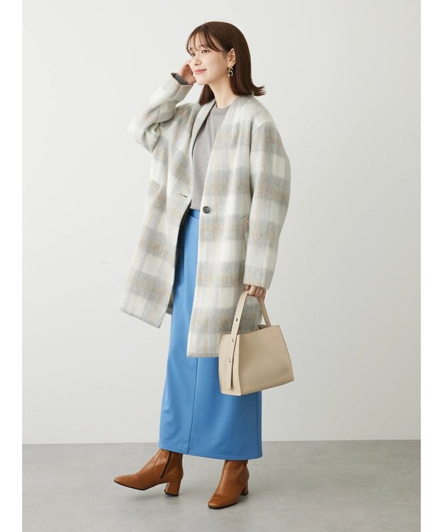 Green Parks コクーンシルエットチェックシャギーコート Gray