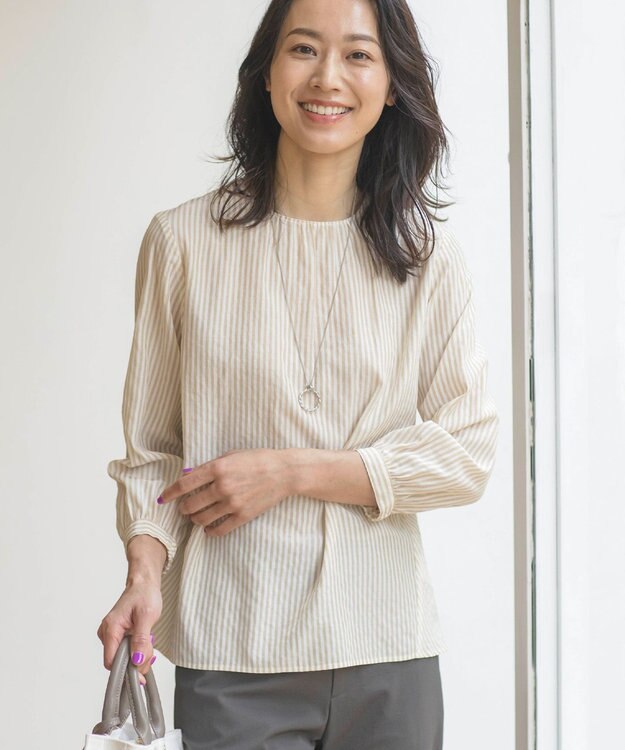 J.PRESS LADIES S 【洗える】コットンアセVis ストライプ クルーネック ブラウス ベージュ系1