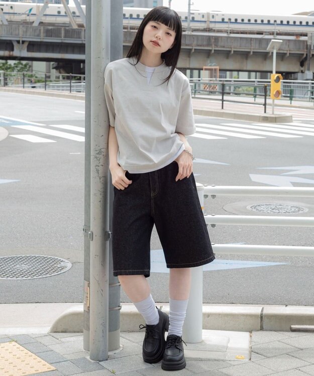 WEGO 【ユニセックス着用ITEM/MLサイズ展開】フェイクレイヤードキーネックT（SS） ライトグレー