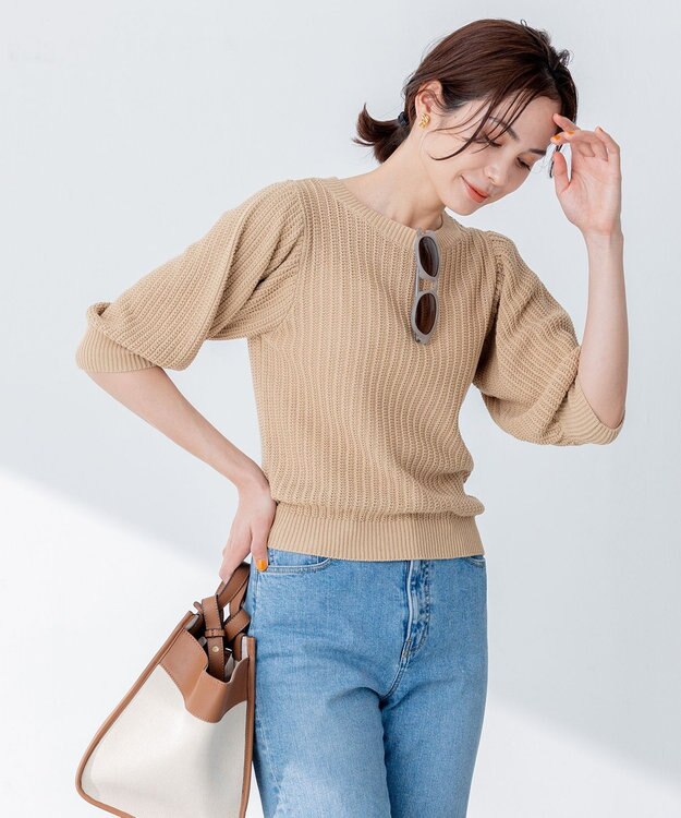 組曲 S 【洗える】CHAIギャザースリーブ ニット ベージュ系