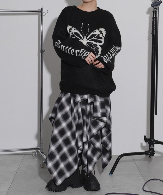 WEGO モチーフグラフィックフラッフィーニットプルオーバー ブラック