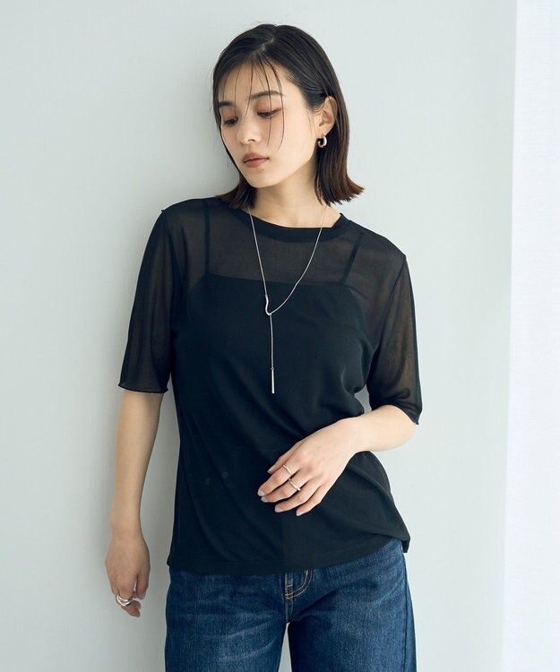 YECCA VECCA クルーネック5分袖シアートップス Black