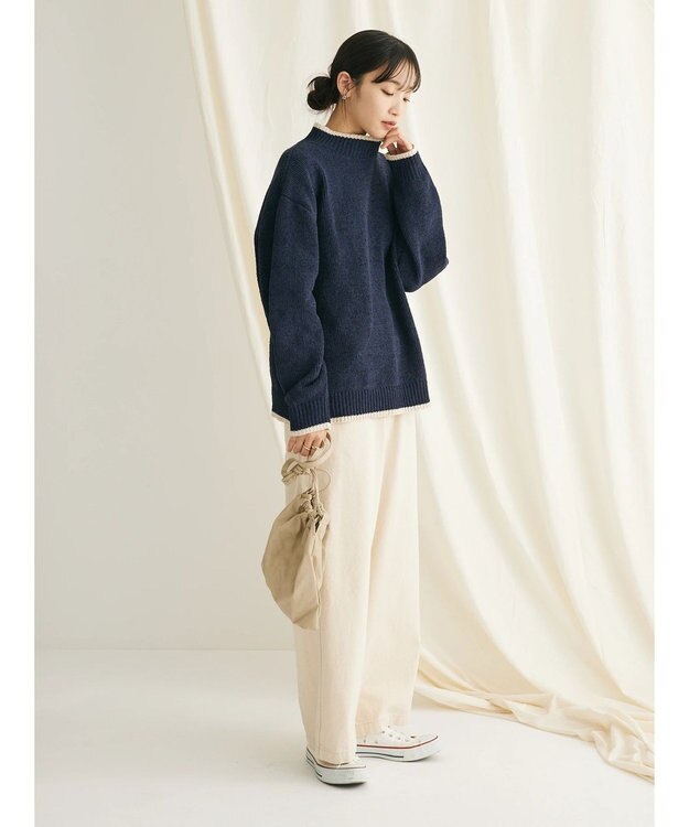 CRAFT STANDARD BOUTIQUE 洗えるモールニット配色プルオーバー Navy