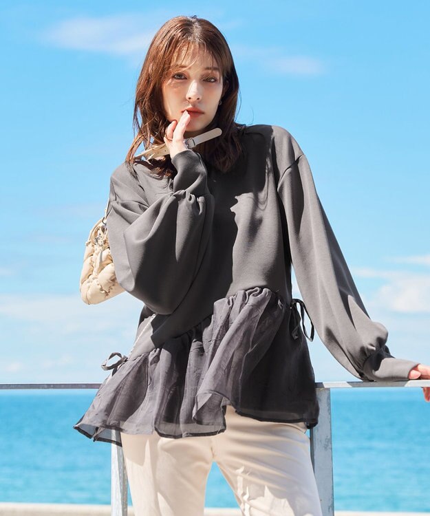 Tiaclasse 【洗える】ペプラムオーガンジーポンチトップス チャコールグレー