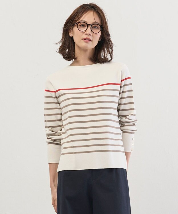 J.PRESS LADIES L Rayon Stretch Border ニット オフ×モカ×ブラッドオレンジ系