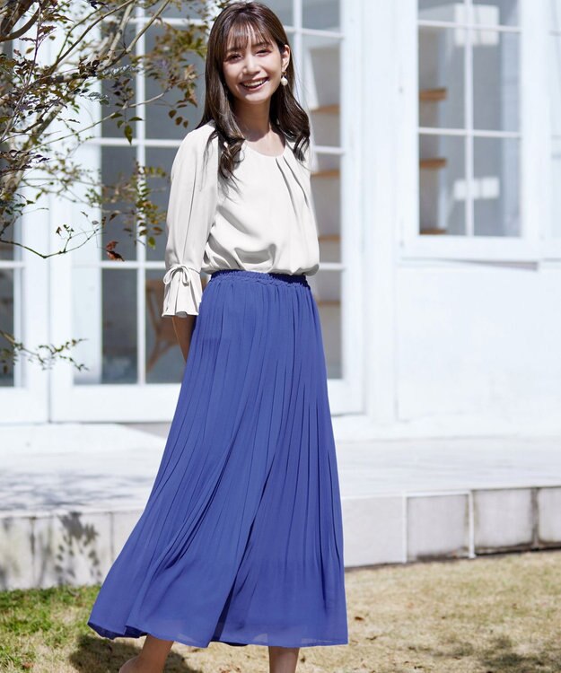Tiaclasse L 【洗える/ウエストゴム】 ジョーゼットプリーツスカート ブルー