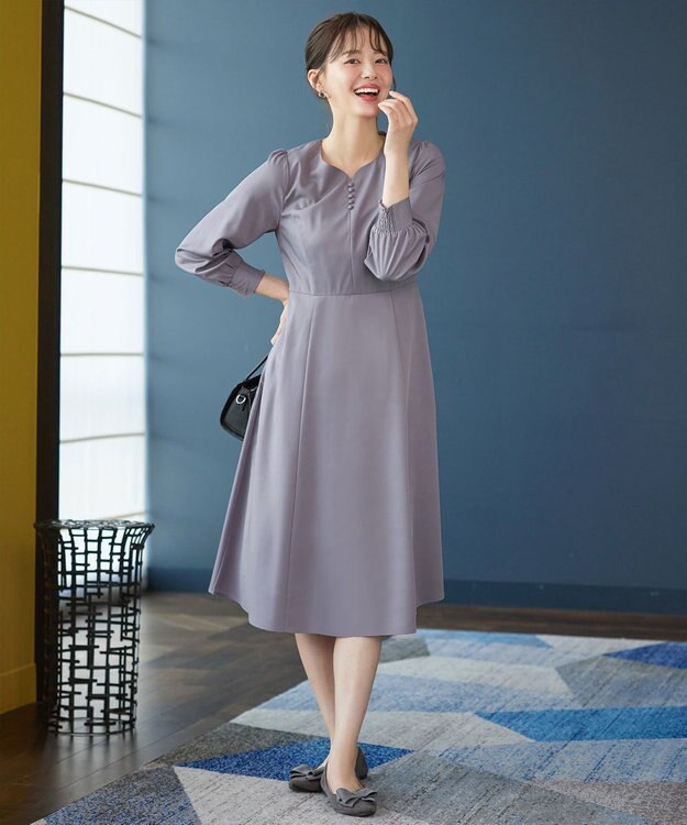 Tiaclasse 【セレモニー・XSサイズ追加・新色追加】ハートネックくるみ釦ワンピース ラベンダーグレー
