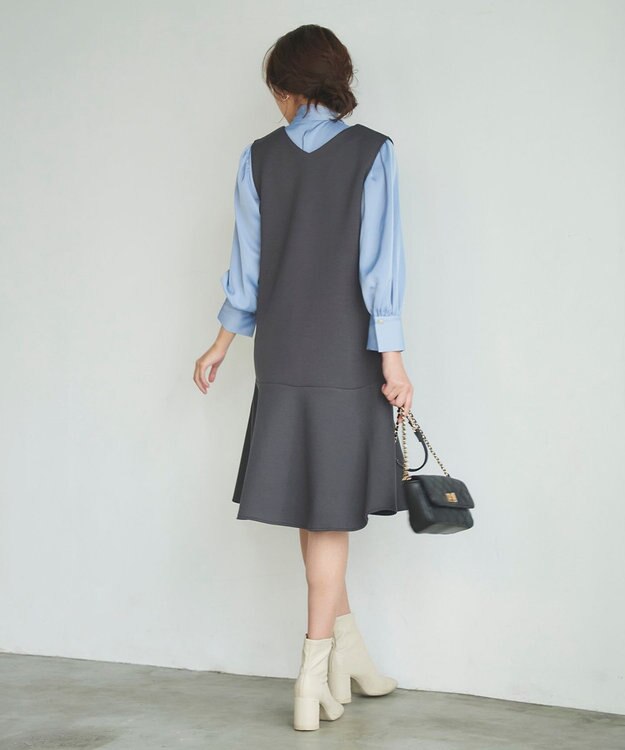 Feroux 【洗える】サテンボウタイ ブラウス スカイブルー系