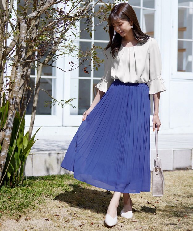 Tiaclasse L 【洗える/ウエストゴム】 ジョーゼットプリーツスカート ブルー