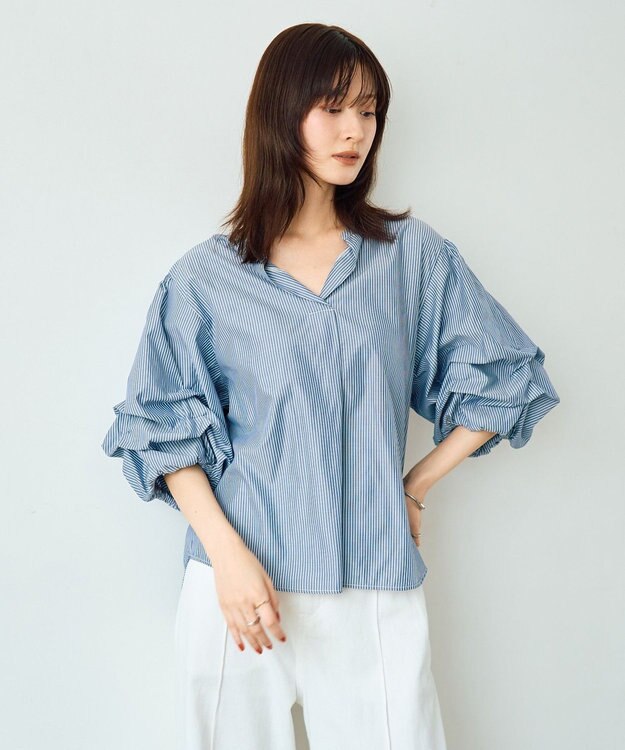 YECCA VECCA タックスリーブスキッパーブラウス Stripe Navy
