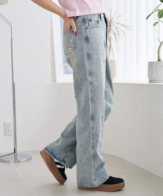WEGO ペイントストレートデニムパンツ デニム淡加工色