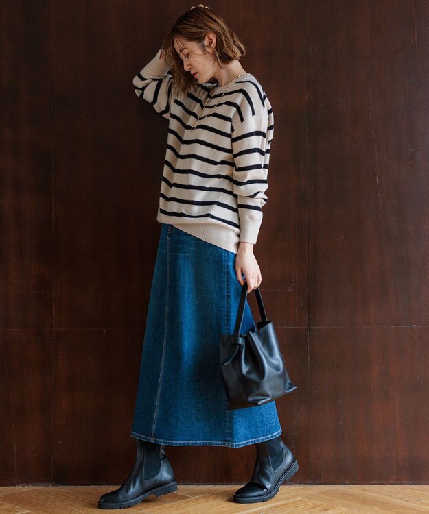 23区 L 【Oggi2月号掲載/洗える】ピュアカシミヤ クルーネック ニット ベージュ×ブラック