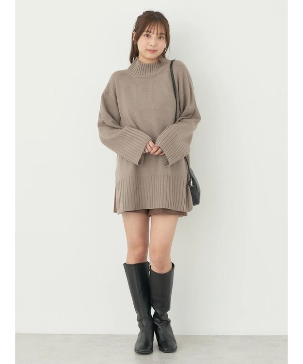 earth music&ecology アンチピリングリブハイネックチュニック Gray Beige