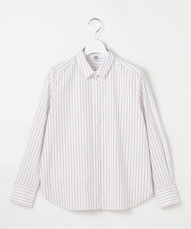 J.PRESS LADIES BEZコットンナイロン ストライプ シャツカラー ブラウス ホワイト×ピンク×ネイビー系