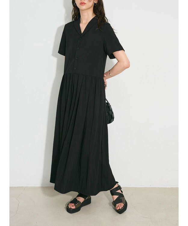 Green Parks ローウエスト切替開襟シャツワンピース Black