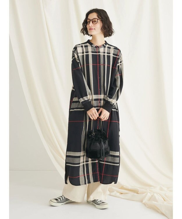 CRAFT STANDARD BOUTIQUE 先染めチェック（大）バンドカラー袖ＲＩＢ　ＯＰ Black