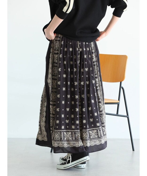 CRAFT STANDARD BOUTIQUE パネル柄マキシギャザースカート Charcoal Gray