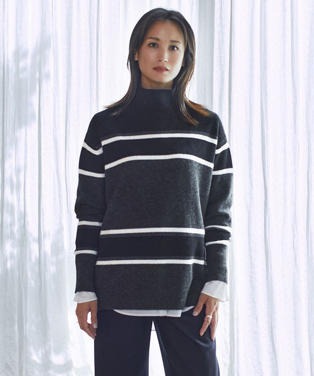 ICB 【洗える】 ソフトカシミヤミックス ハイネック柄ニット グレー系1