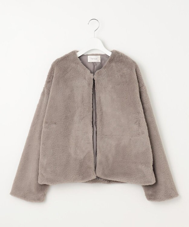 Feroux ノーカラーファー ジャケット ライトグレー系