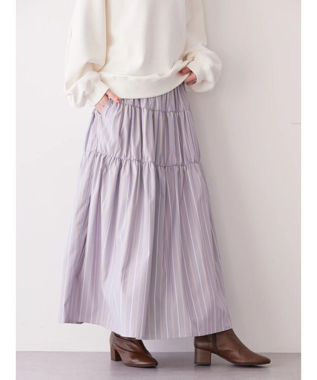 AMERICAN HOLIC ティアードギャザースカート Stripe Sax