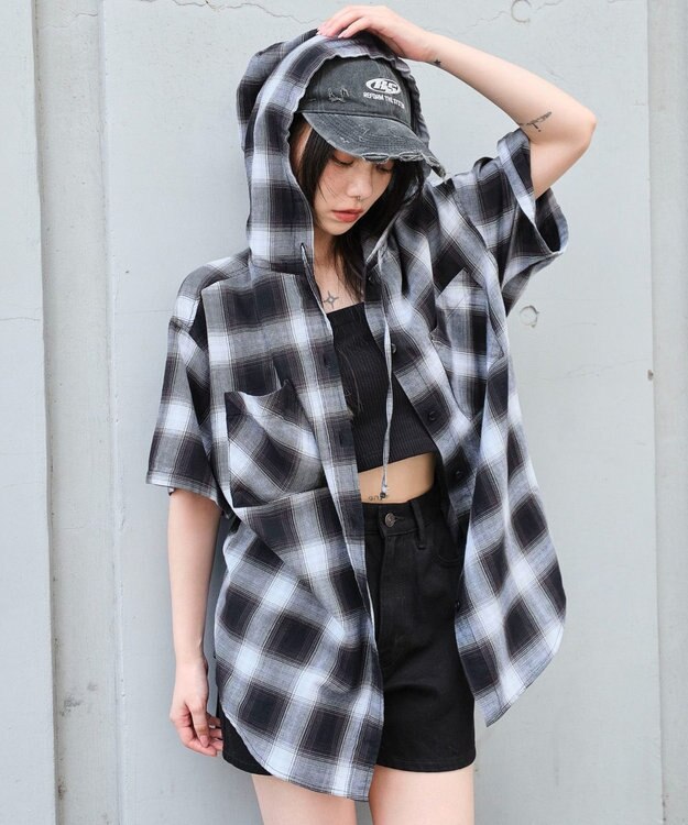 WEGO フードチェックBIGシャツ（S） ブラック