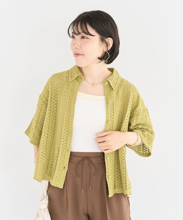 Green Parks インド綿 　衿付きレースシャツ Olive