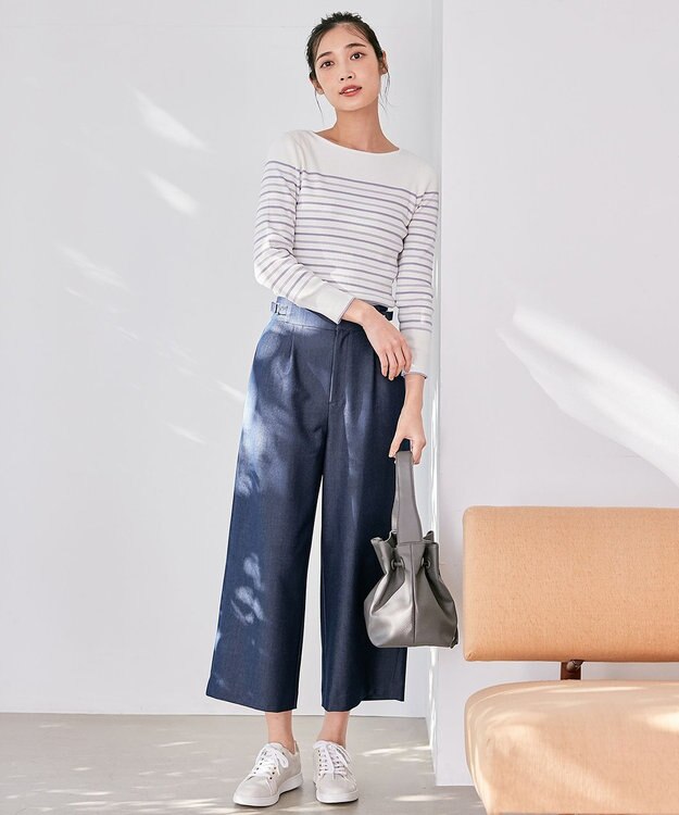 ANY SIS 【洗える】ベルトポイントワイド パンツ シャンブレーブルー