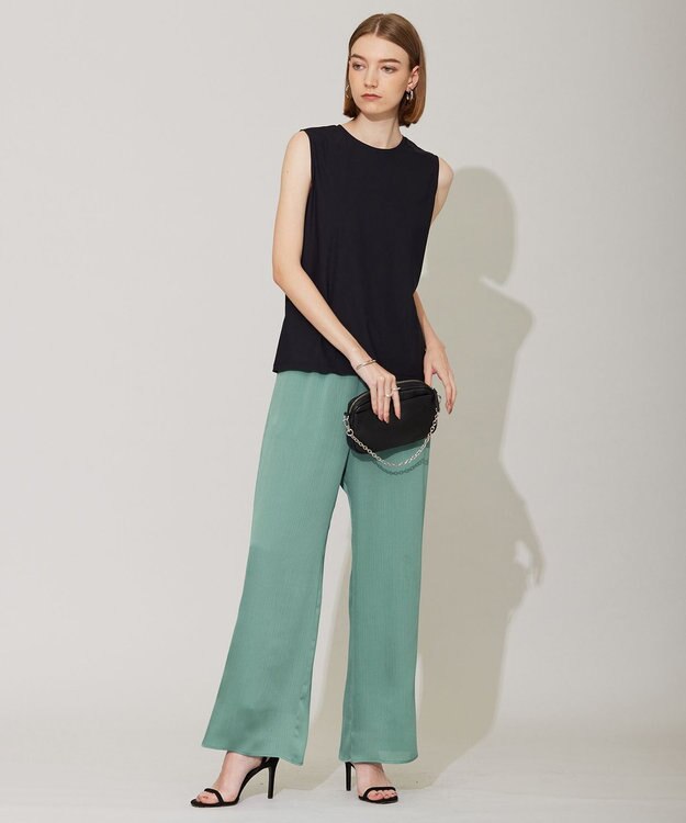 ICB 【接触冷感・洗える】サテンヨウリュウ ワイドストレートパンツ セラドン系