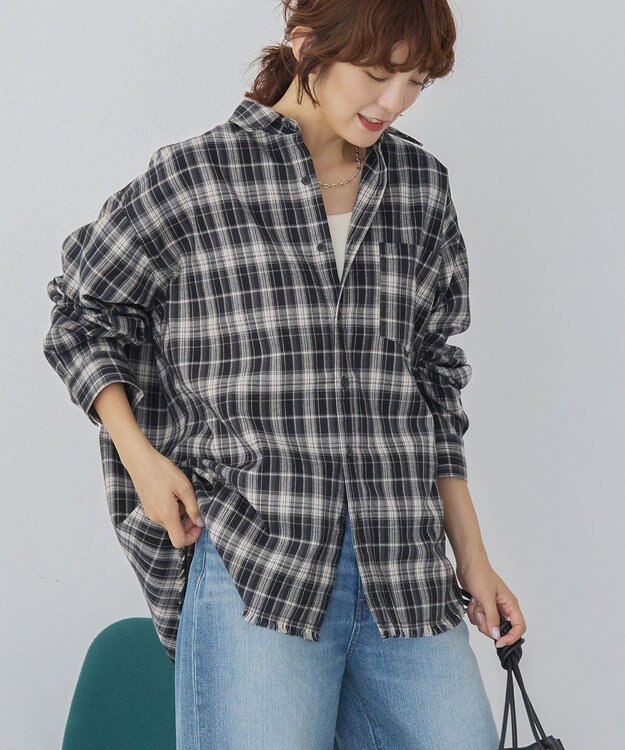 AMERICAN HOLIC フリンジヘム起毛チェックシャツ Check Black