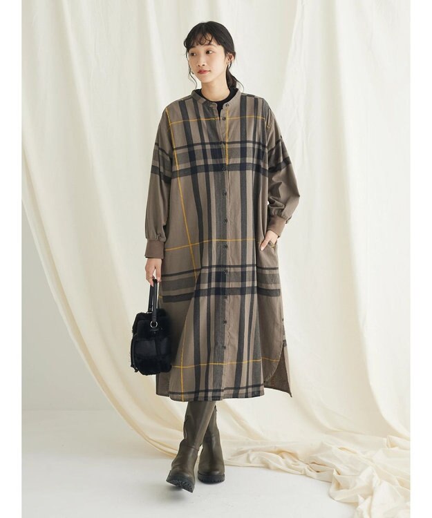 CRAFT STANDARD BOUTIQUE 先染めチェック（大）バンドカラー袖ＲＩＢ　ＯＰ Khaki