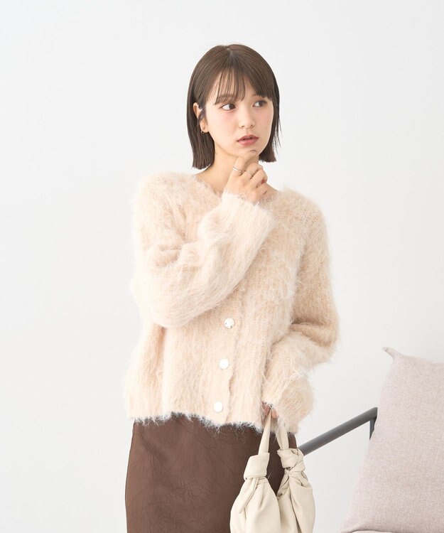 earth music&ecology クルーネックシャギーカーディガン ライトベージュ